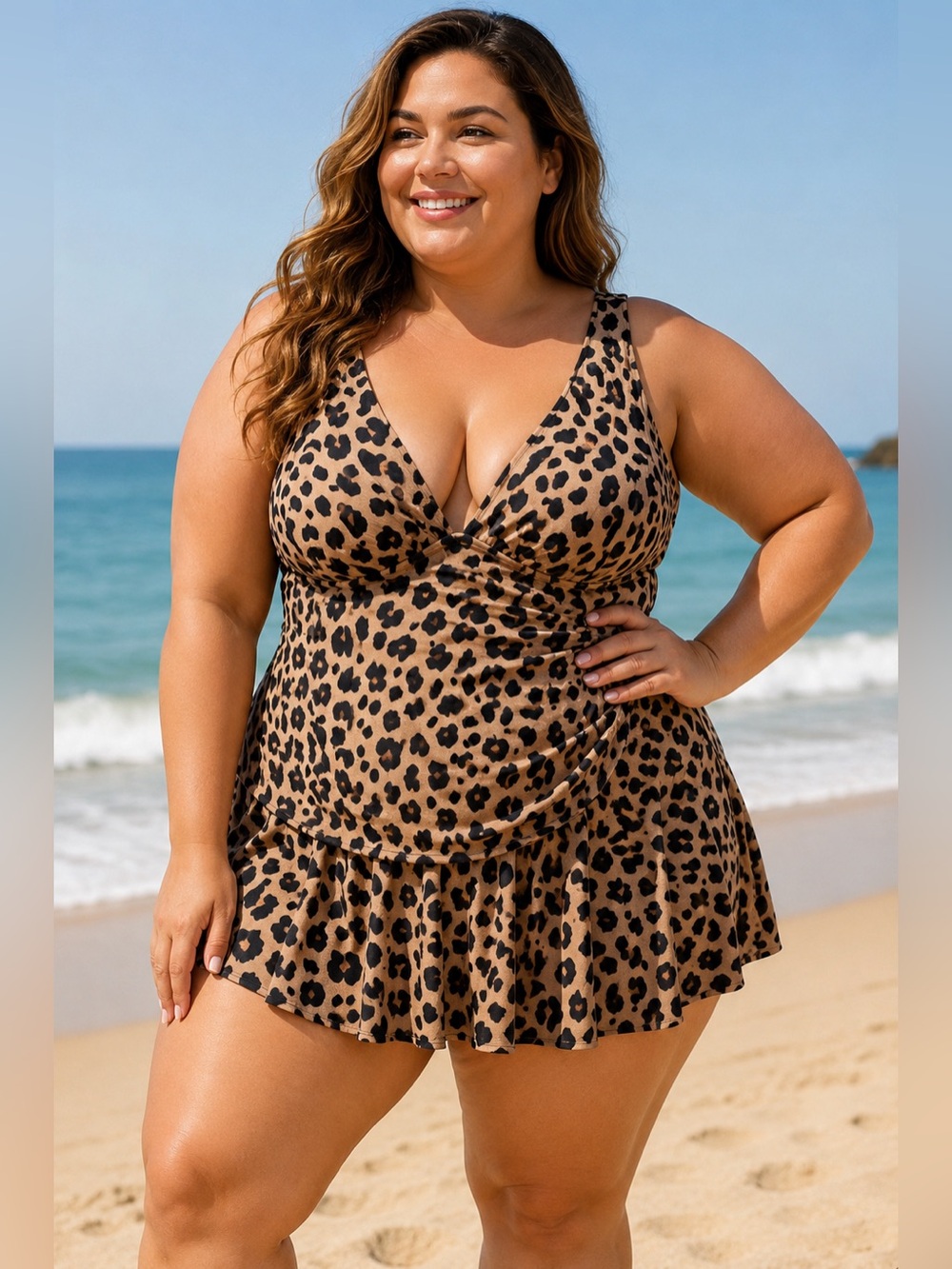 Marina West Tan Leopard Print Ruched Skirted One Piece Swimsuit Size 3X